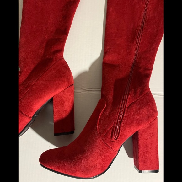 NEW CHERRY RED FAUX SUEDE THIGH HIGH BOOTS - Picture 10 of 10